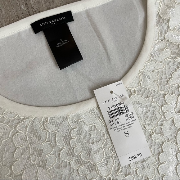 Ann Taylor Womens Blouse White Lace Overlay Short Sleeves S New - Picture 2 of 4